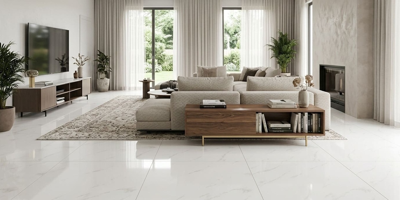 Calacatta Moza 32x32 glossy porcelain tile featuring a bright white base and parallel diagonal grey veining for an elegant home floor by The Flooring District in Tampa, Florida.