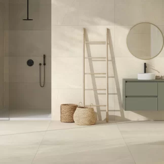 Keto Marfil matte porcelain tile installed on the floor and walls of a modern bathroom