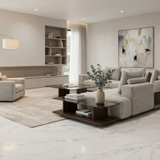 Perlino Bianco Matt 24x48 porcelain tile featuring a soft white marble look with fluid grey veining in a warm minimalist living room designed by The Flooring District in Tampa, Florida.