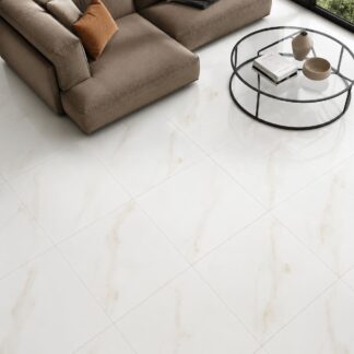 White marble look porcelain floor tiles in a 3x3 square layout featuring elegant gray and gold veining on a clean white background