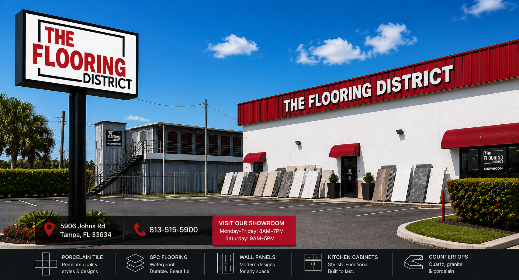 The Flooring District Showroom & Warehouse - Tampa, FL The Flooring District, Showroom in Tampa. Porcelain Tile, Waterproof Flooring, Wall Panels, Baseboards, Setting Materials