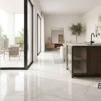 Belo White 32x32 polished porcelain tile featuring a high-gloss white marble look and soft grey veining for a luxury home interior floor by The Flooring District in Tampa, Florida.