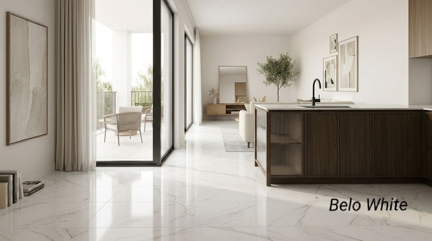 Belo White 32x32 polished porcelain tile featuring a high-gloss white marble look and soft grey veining for a luxury home interior floor by The Flooring District in Tampa, Florida.