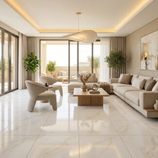 Cecilia Gold Matt 24x24 porcelain tile showcasing a warm off-white Calacatta gold marble floor in a modern organic living room by The Flooring District in Tampa, Florida.