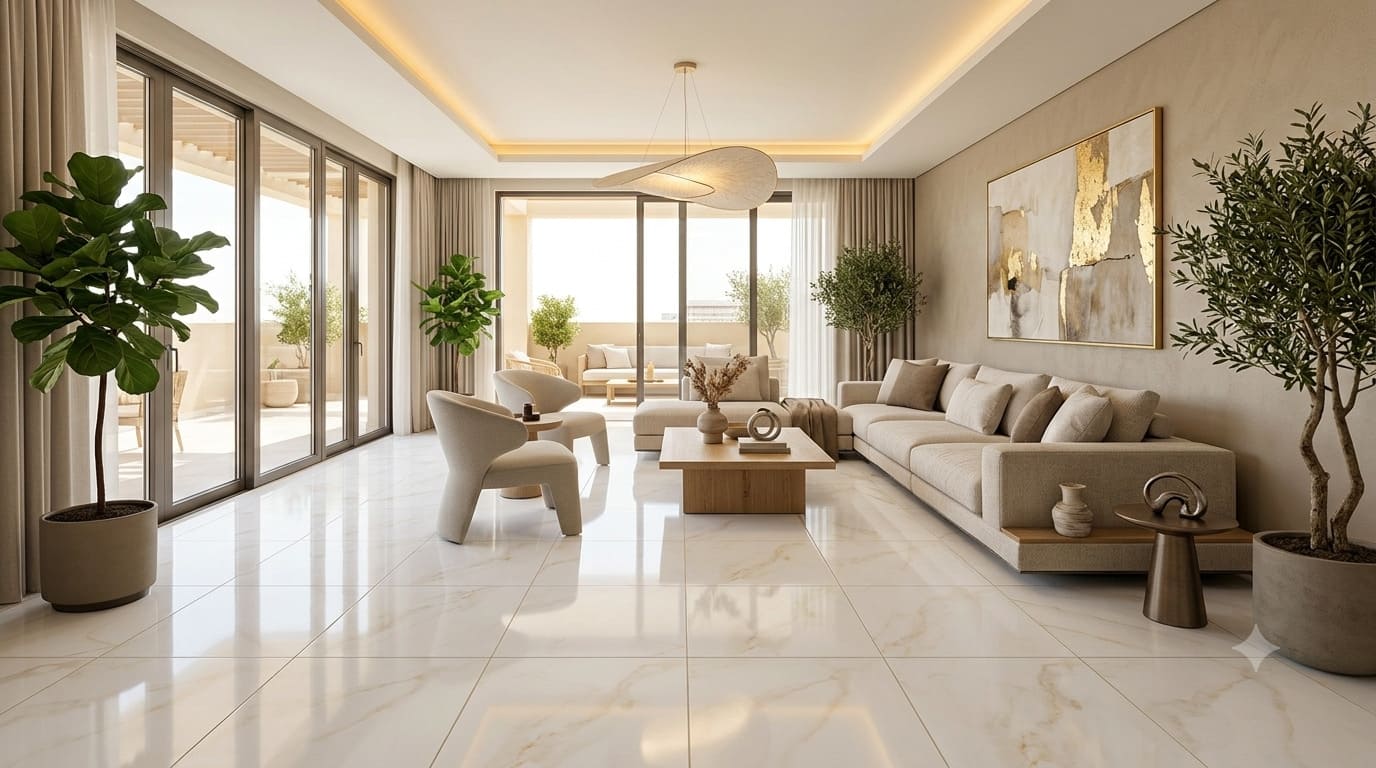 Cecilia Gold Matt 24x24 porcelain tile showcasing a warm off-white Calacatta gold marble floor in a modern organic living room by The Flooring District in Tampa, Florida.