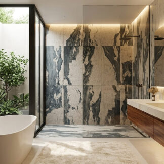 Crystal Jungle 13x26 antislip porcelain tile showcasing an exotic high-contrast black and white quartzite look for a luxury statement wall design by The Flooring District in Tampa, Florida.