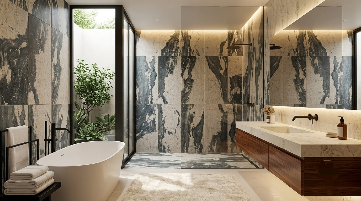 Crystal Jungle 13x26 antislip porcelain tile showcasing an exotic high-contrast black and white quartzite look for a luxury statement wall design by The Flooring District in Tampa, Florida.
