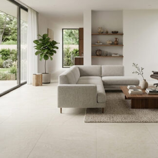 Kenzo Marfil 24x48 Exterior R11 porcelain tile showcasing an anti-slip textured ivory stone look with fine earth brown veining for a luxury pool deck by The Flooring District in Tampa, Florida.