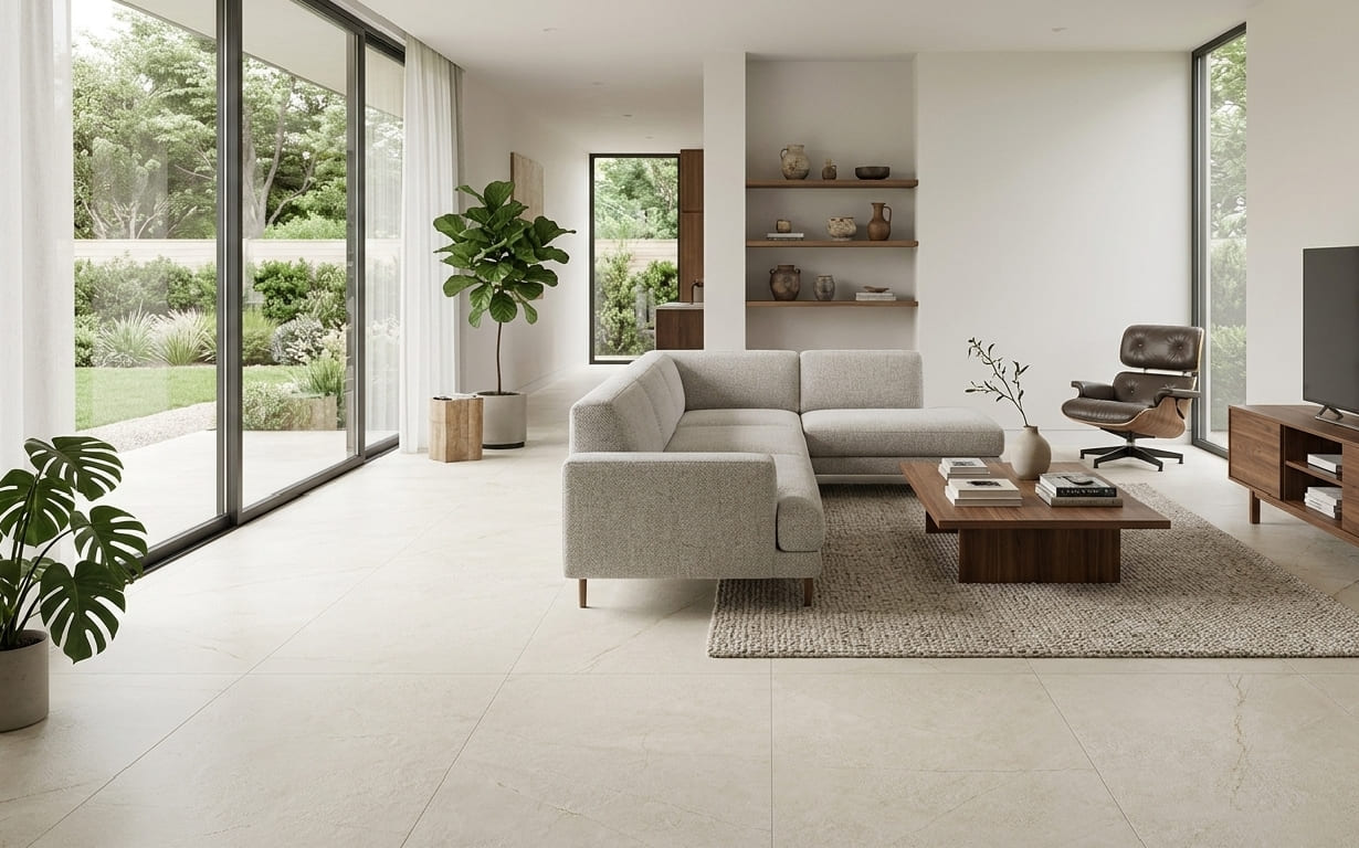 Kenzo Marfil 24x48 Exterior R11 porcelain tile showcasing an anti-slip textured ivory stone look with fine earth brown veining for a luxury pool deck by The Flooring District in Tampa, Florida.