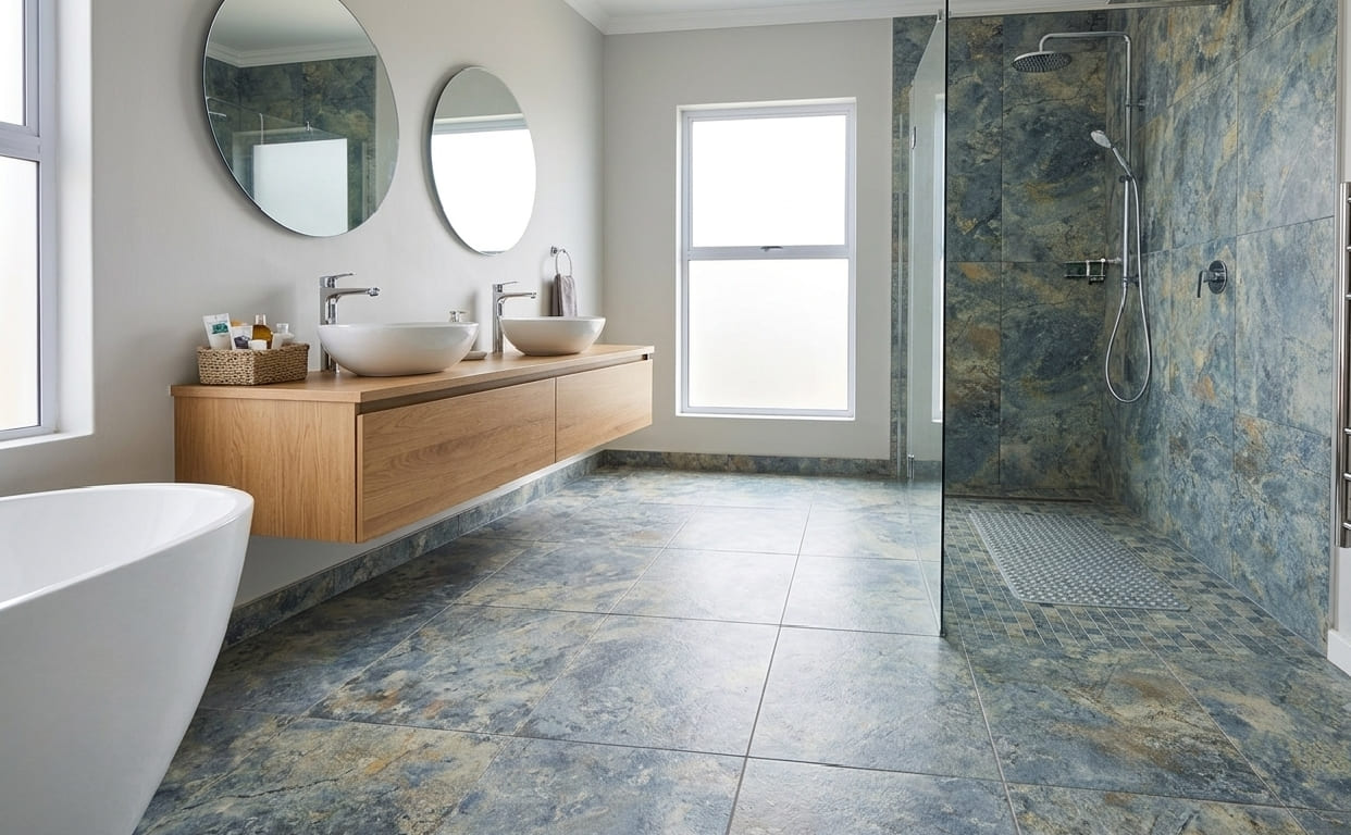 Osso 13x26 antislip porcelain tile showcasing a high-variance blue slate stone look with earthy rust veins for an outdoor patio design by The Flooring District in Tampa, Florida