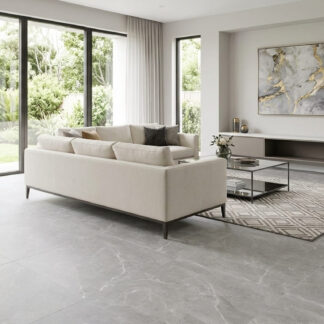 Pulpis Prime Dark Grey Matt 32x32 porcelain tile showcasing an architectural charcoal marble look with fine white veins for a modern open-concept floor by The Flooring District in Tampa, Florida.