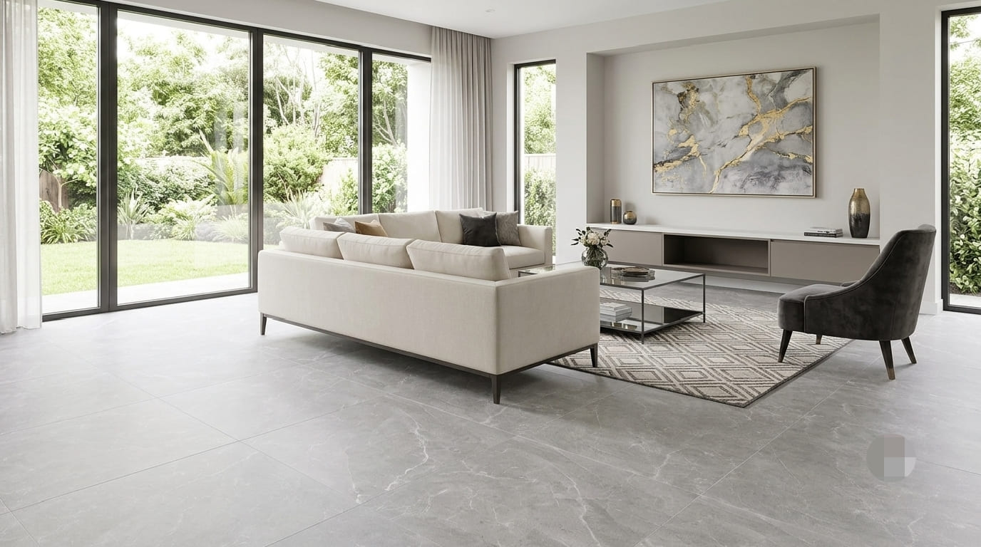 Pulpis Prime Dark Grey Matt 32x32 porcelain tile showcasing an architectural charcoal marble look with fine white veins for a modern open-concept floor by The Flooring District in Tampa, Florida.