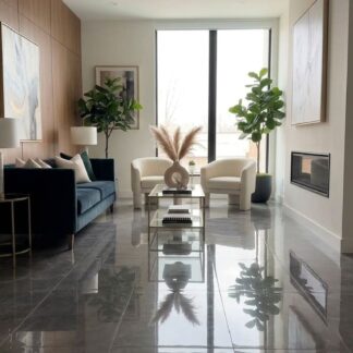 Pulpis Prime Dark Grey Polished 12x24 porcelain tile showcasing a high-gloss charcoal marble floor with a mirror reflection finish in a luxury living room layout by The Flooring District in Tampa, Florida.