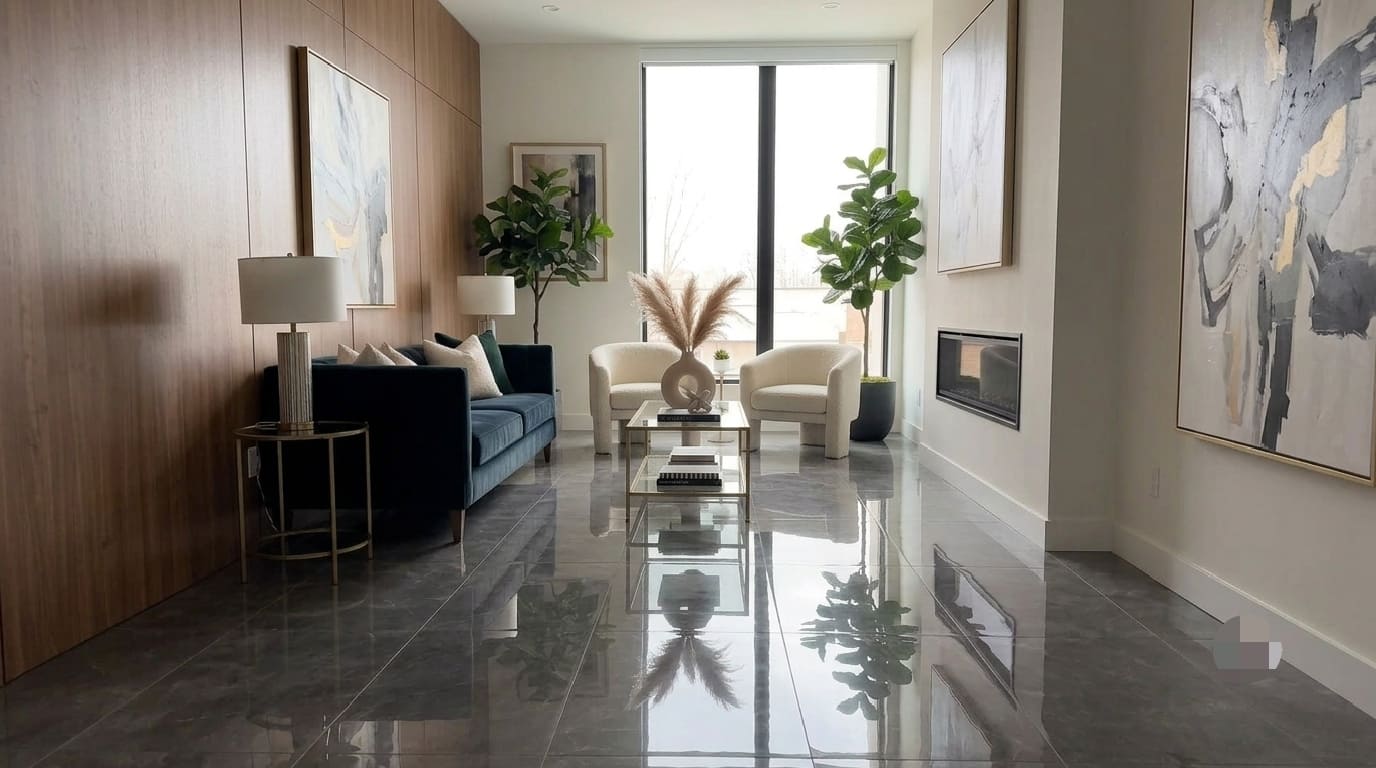 Pulpis Prime Dark Grey Polished 12x24 porcelain tile showcasing a high-gloss charcoal marble floor with a mirror reflection finish in a luxury living room layout by The Flooring District in Tampa, Florida.
