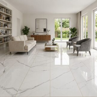 Statuario Super Polished 24x48 porcelain tile displaying a high-gloss white Italian marble floor in a luxury living room by The Flooring District in Tampa, Florida.