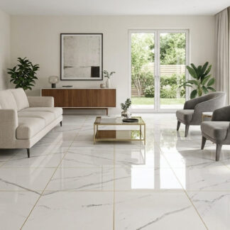 Statuario Super Polished 24x48 porcelain tile displaying a high-gloss white Italian marble floor in a luxury living room by The Flooring District in Tampa, Florida.