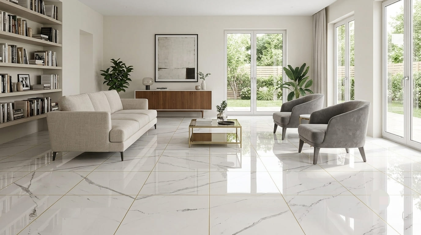 Statuario Super Polished 24x48 porcelain tile displaying a high-gloss white Italian marble floor in a luxury living room by The Flooring District in Tampa, Florida.