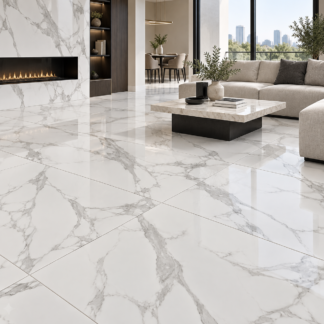 Statuario Irish Grey 32x32 white marble-look porcelain tile with gray veining installed on a modern interior floor
