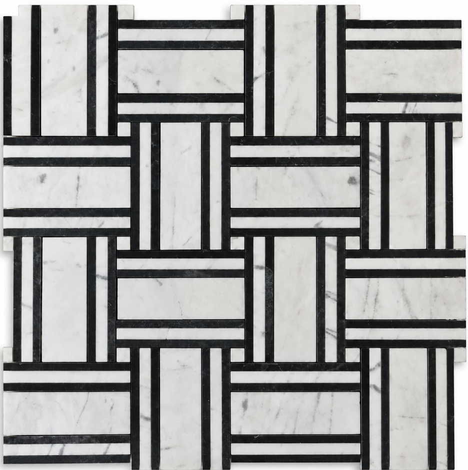 BASKETWAVE BLACK MOSAIC, MARBLE WHITE AND BLACK MOSAIC AT THE FLOORING DISTRICT