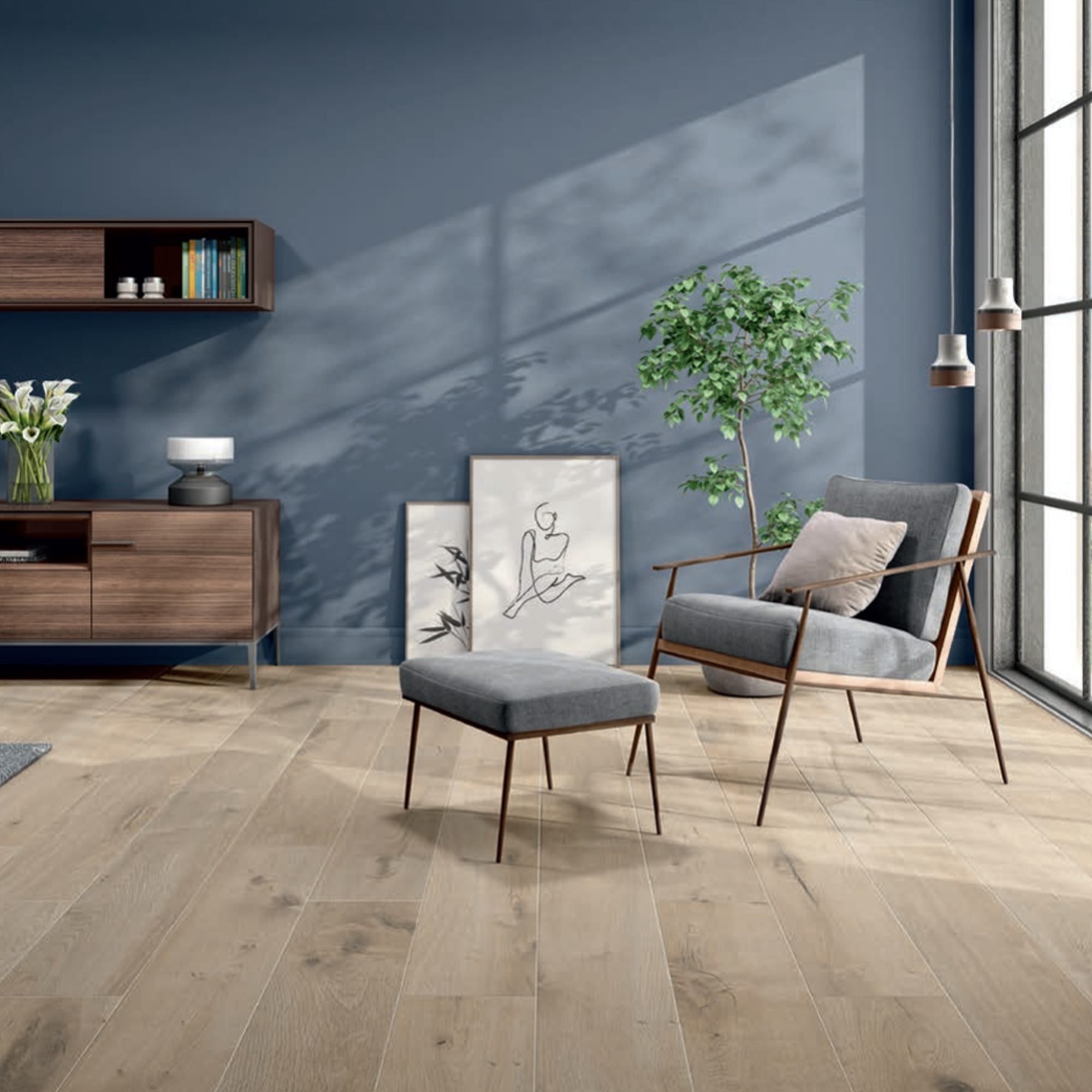 Oldmanor Ambar wood-look porcelain tile in a living room with a blue wall, gray armchair, and walnut furniture.