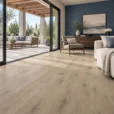 Oldmanor Ambar wood-look porcelain flooring in a blue-accented living room opening onto a covered terrace.