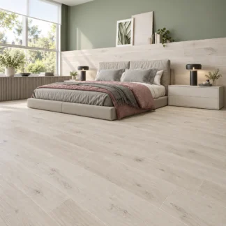 Oldmanor Arena wood-look porcelain tile in an open living bedroom
