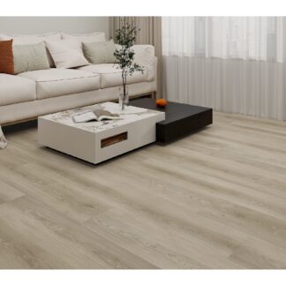 Macchiato SPC vinyl flooring with a natural wood look installed in a modern warm minimalist living room by The Flooring District in Tampa, Florida.