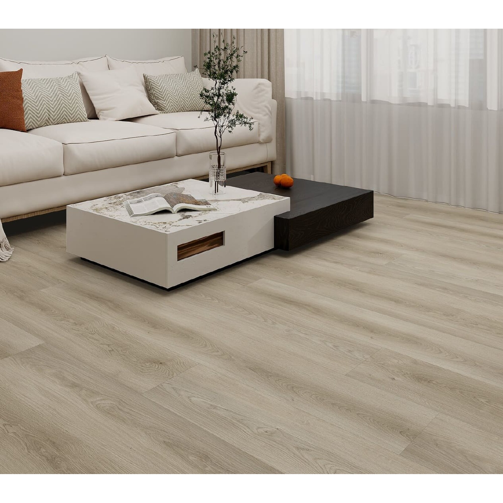 Macchiato SPC vinyl flooring with a natural wood look installed in a modern warm minimalist living room by The Flooring District in Tampa, Florida.