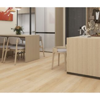 Praline SPC vinyl flooring with a honey oak wood look installed in a modern Japandi living space by The Flooring District in Tampa, Florida.