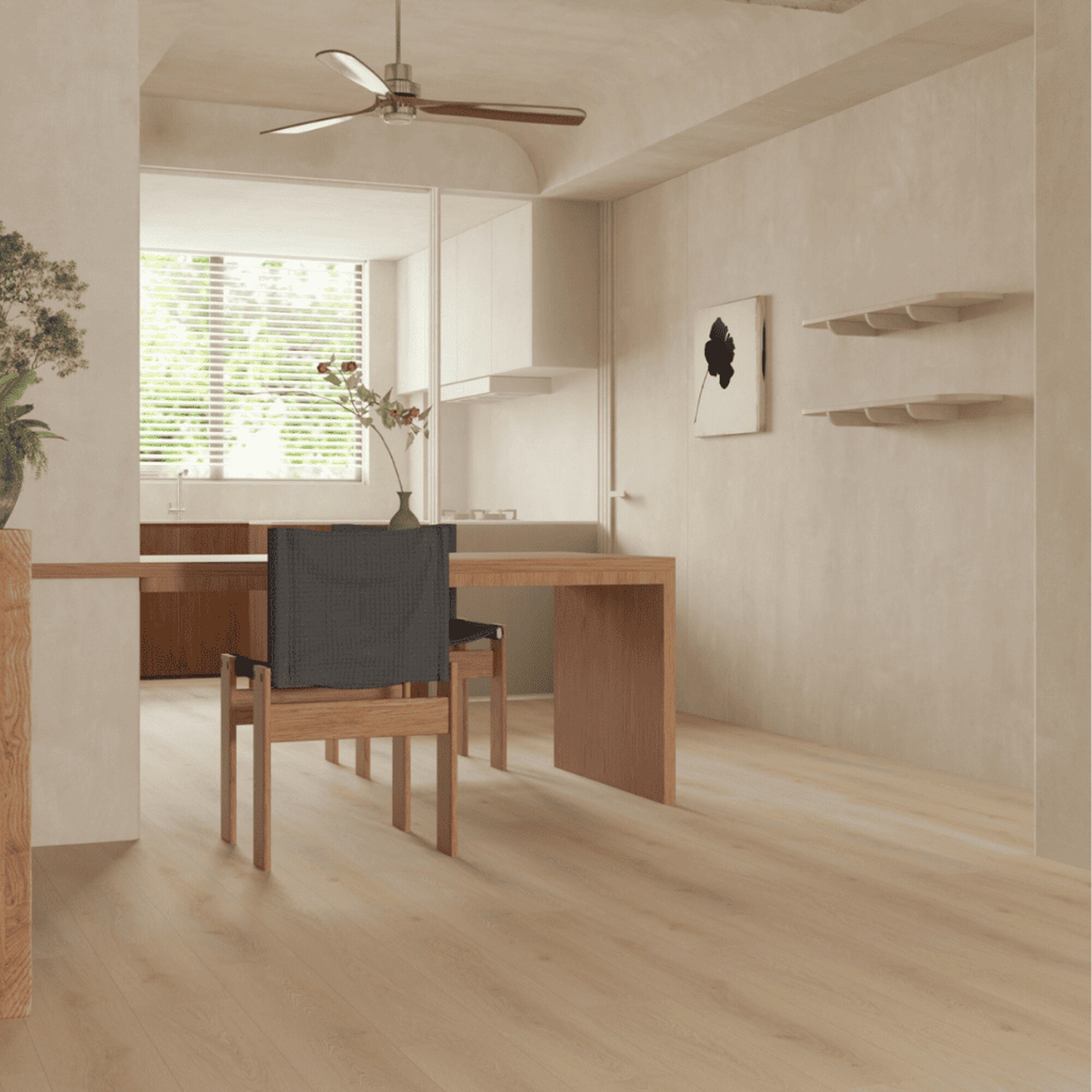 Vanilla SPC vinyl flooring with a light oak wood look installed in a minimalist modern kitchen by The Flooring District in Tampa, Florida.